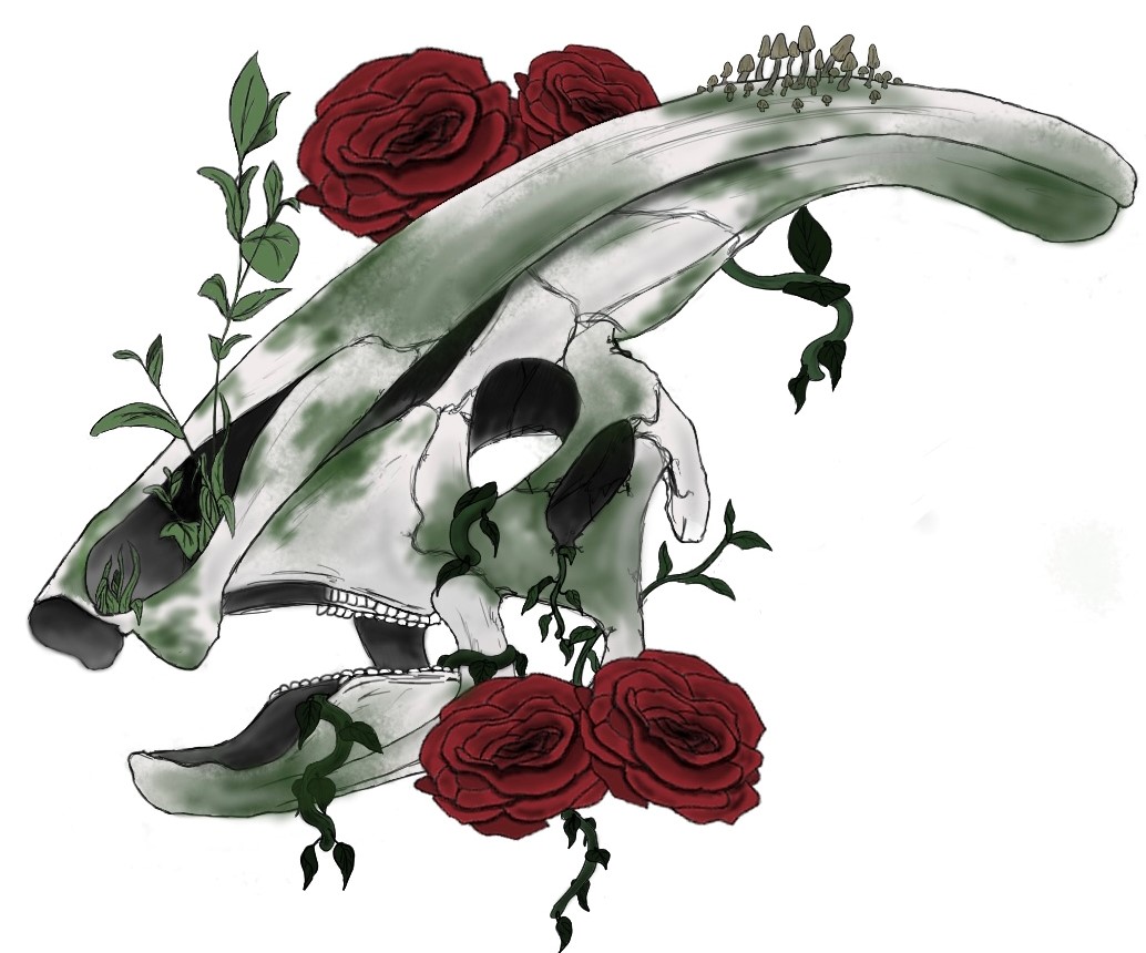 A Digtal artwork of a dinosar skull with flowers.
